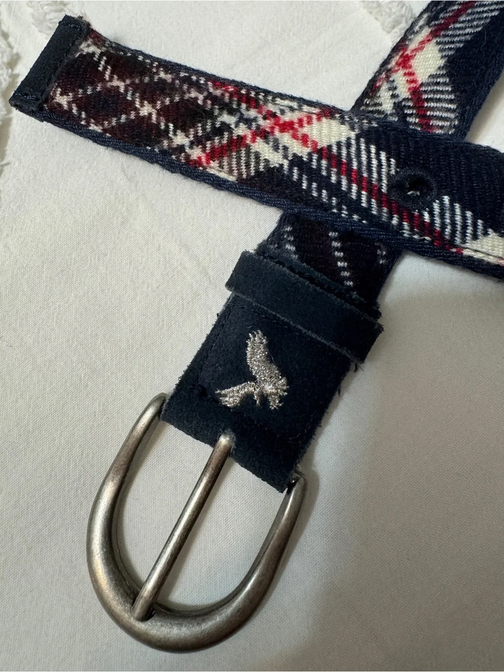 American Eagle Outfitters Navy Plaid Web Belt with Silver Buckle